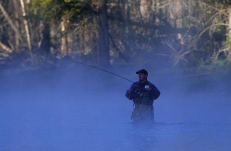 Morning fog and geyser steam make Yellowstone N.P.’s Firehole River a magical location for a sunrise. This lucky fella had the river to himself. WY, Yellowstone N.P. Somewhere on The Firehole.